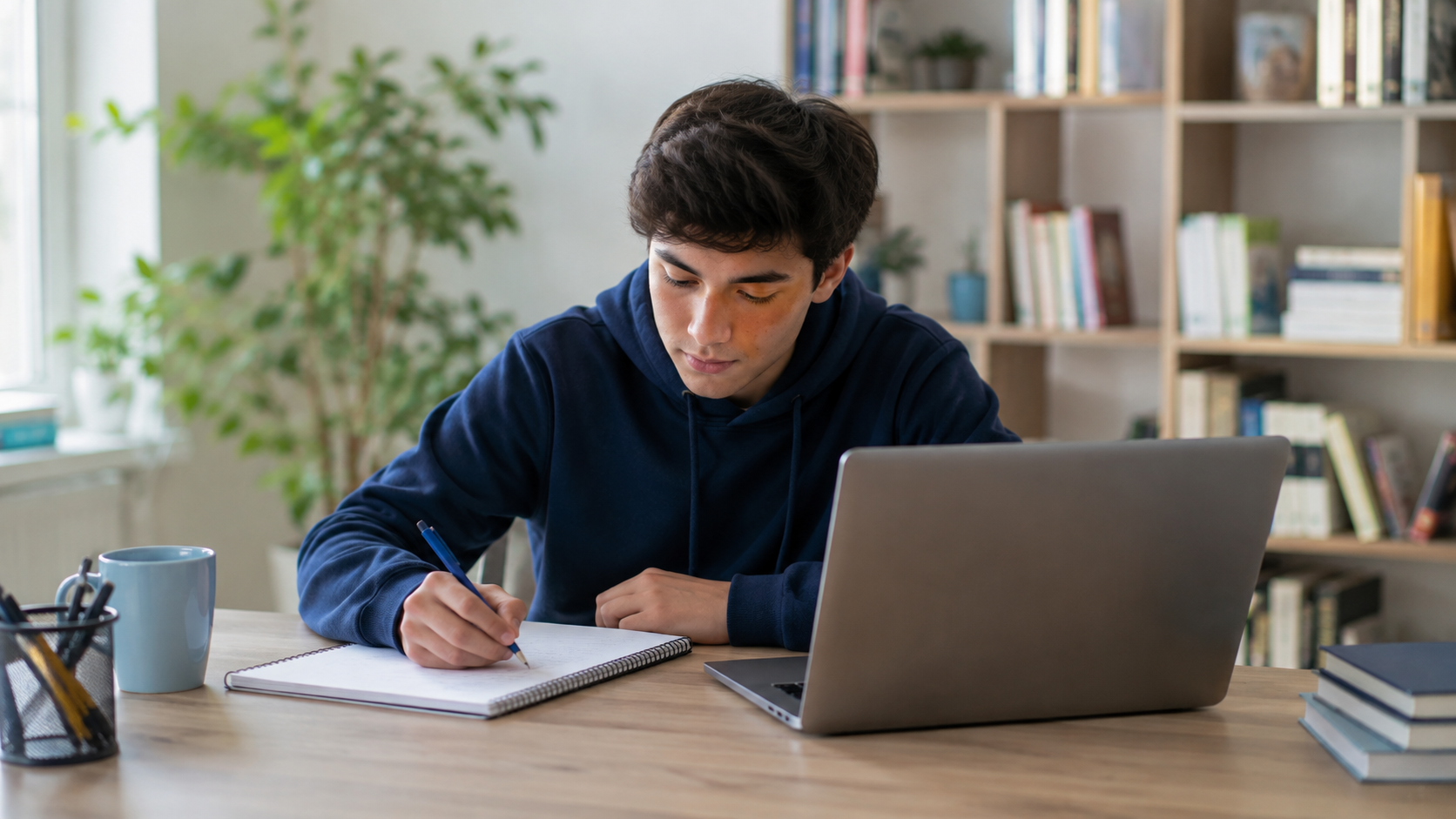 Adolescente estudia con una computadora portátil y un cuaderno abierto.