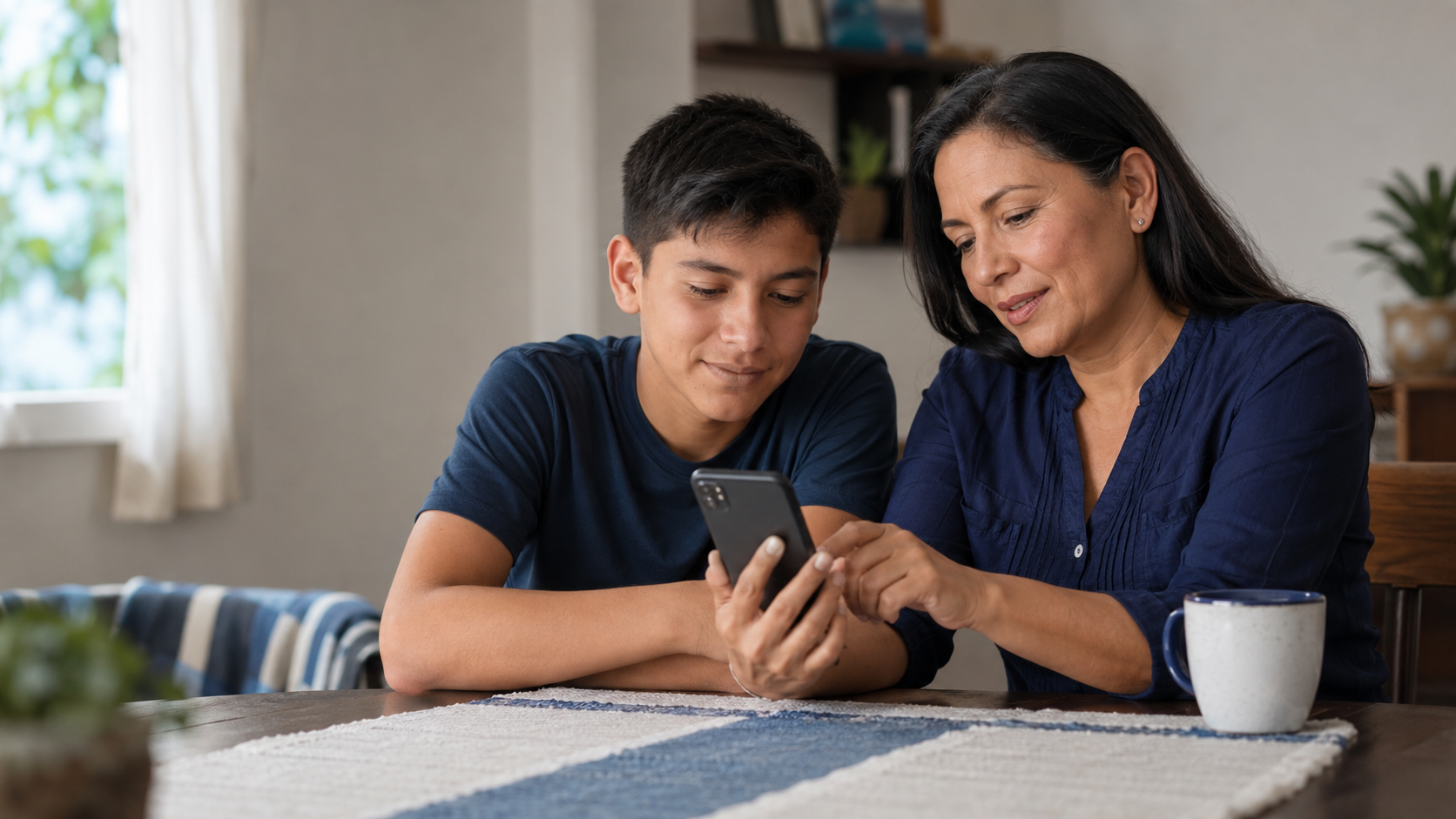 Madre y adolescente revisan juntos las opciones de bienestar y supervisión de una cuenta en un teléfono.