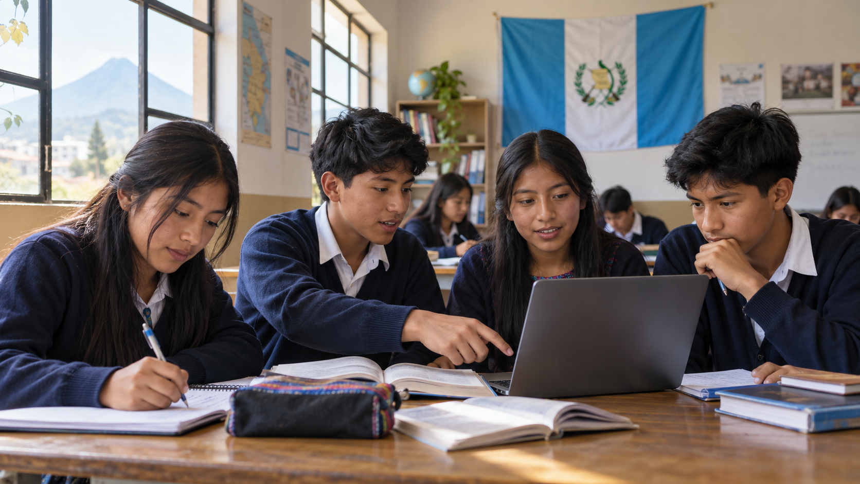 Estudiantes adolescentes guatemaltecos leen, escriben y utilizan una computadora en un aula con la bandera de Guatemala visible.