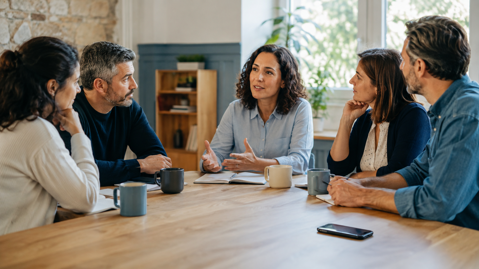 Padres y educadores conversan alrededor de una mesa con un teléfono inteligente apartado.